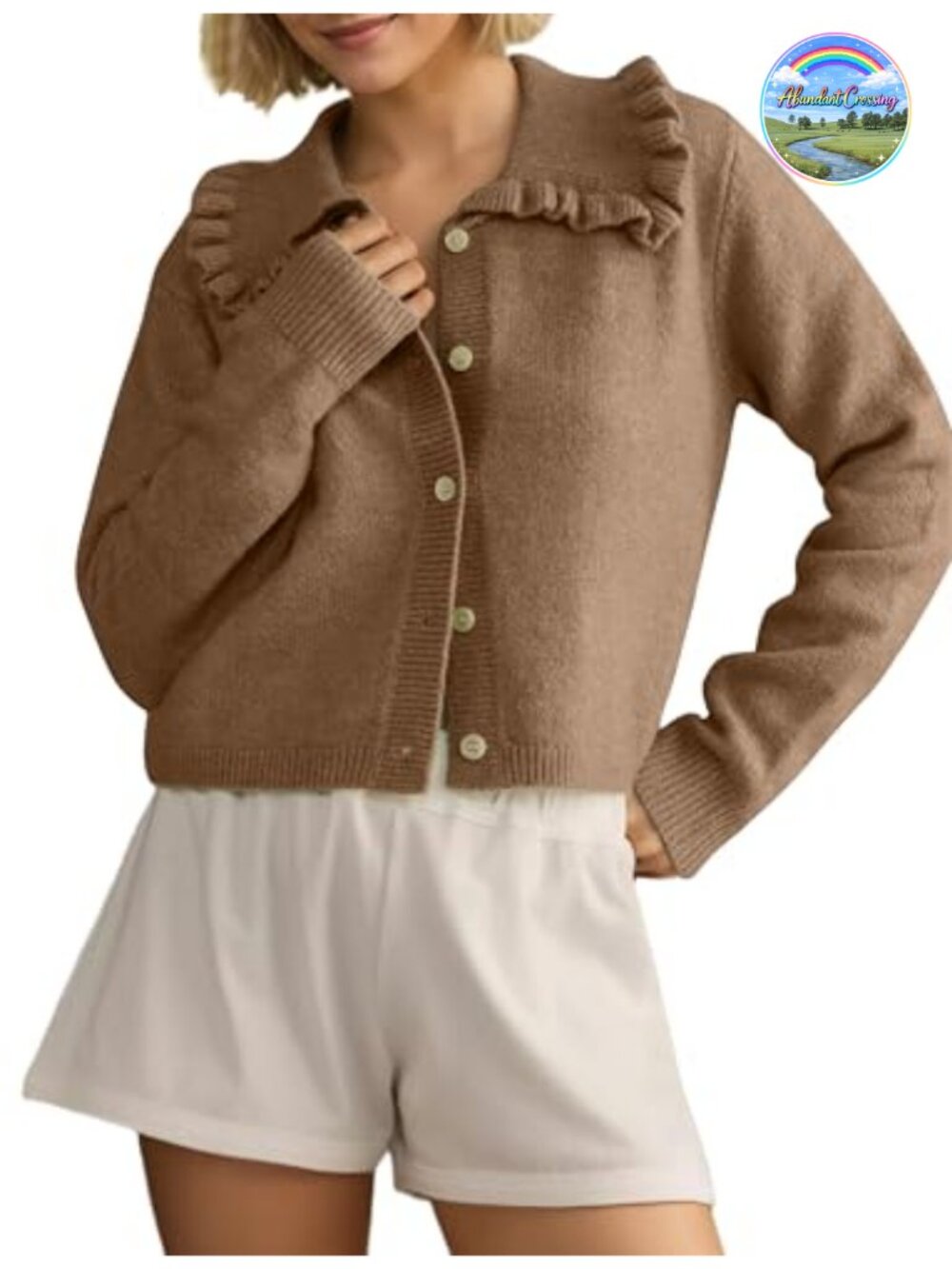 Ruffle Collar Cropped Cardigan Button Down Open Front Long Sleeve Knit Sweater